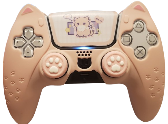dualsense controller with a pink cat themed cover from geekshare